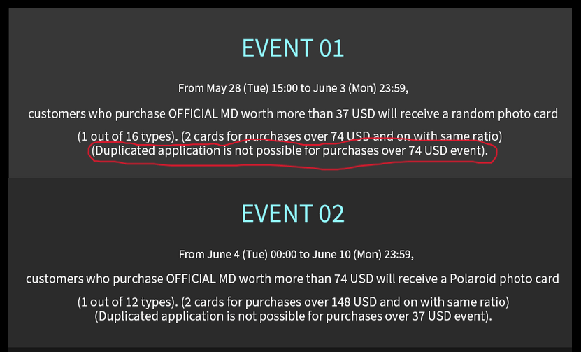 Does anyone know what the caveat below for the ktown4u aespa Official MD event from May 28 to June 3 means? What is "duplicated application"? Is it in reference to the other event (event 2) shown below it, or is it referencing the items one buys, or something else?