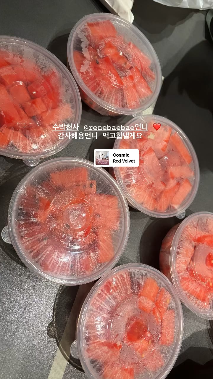 240626 Ningning Instagram Story Update - Watermelon angel @.renebaebae ❤️ Thank you unnie, I’ll eat it and gain strength