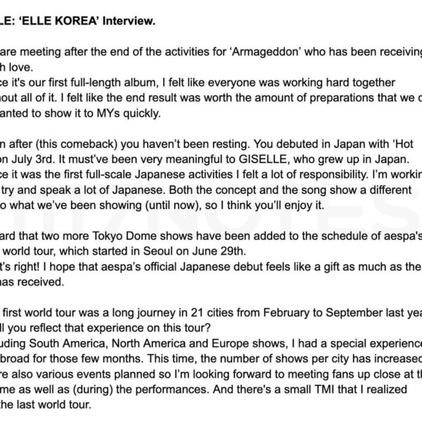 240726 Giselle's translated Interview for ELLE Korea (cr. @1117notes)