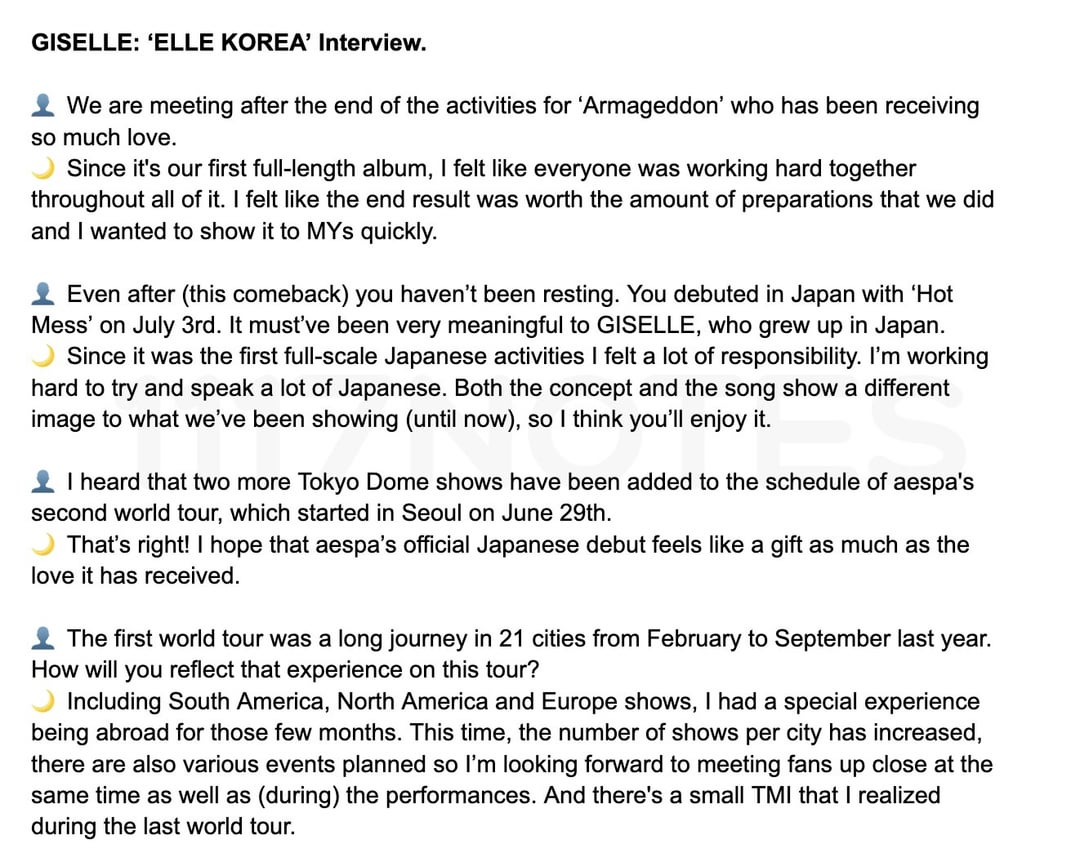 240726 Giselle's translated Interview for ELLE Korea (cr. @1117notes)