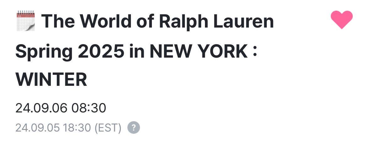 240904 Winter to attend ‘The World of Ralph Lauren Spring 2025’ at New York Fashion Week in The Hamptons on September 6th at 8:30 AM KST