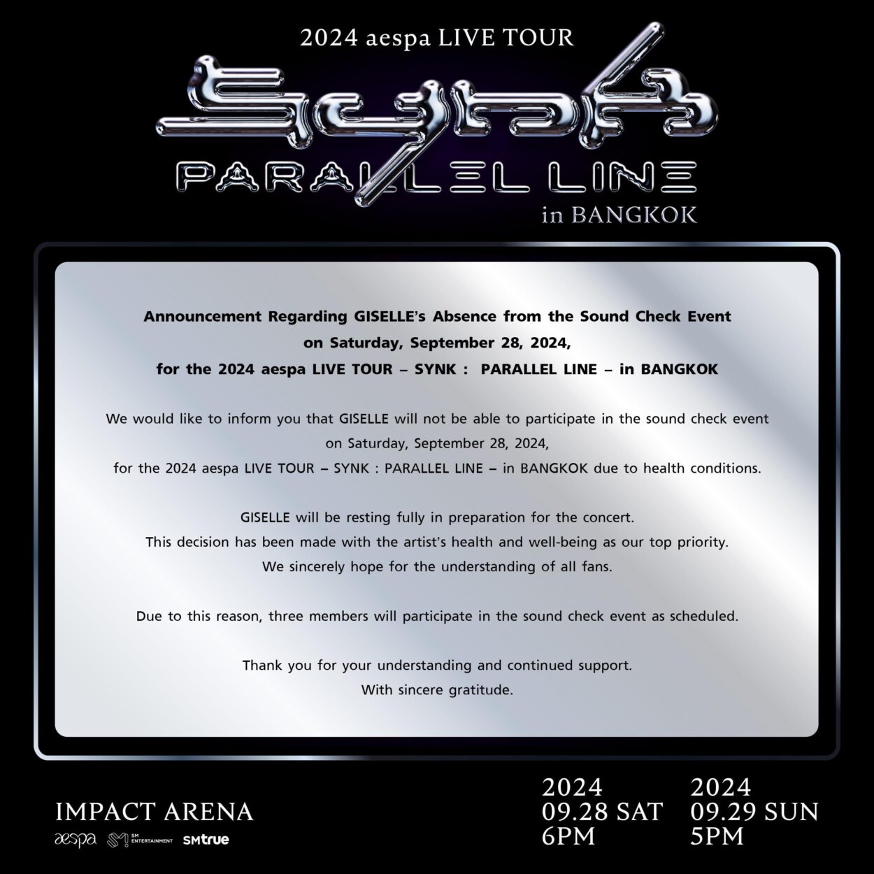 240928 Giselle won't participate in sound check event for SYNK : PARALLEL LINE TOUR in Bangkok due to health conditions